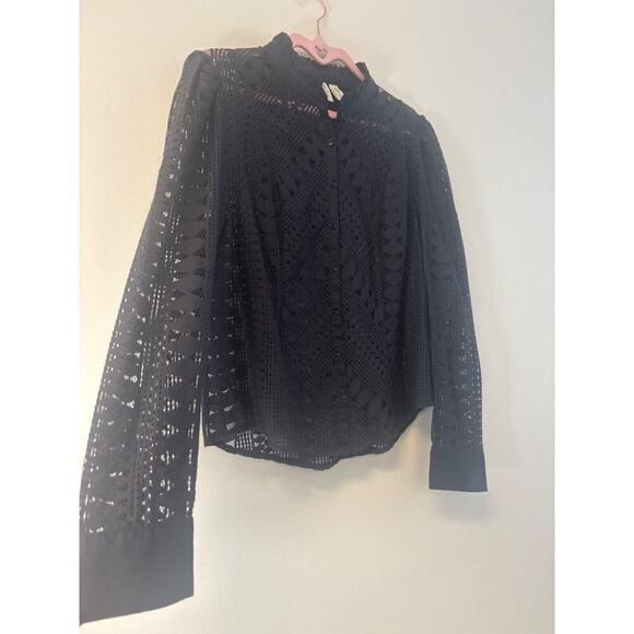 Anthropologie Lace Button Down Top Gray Geometric Blouse Size 8 Office Boho Folk - Picture 3 of 6
